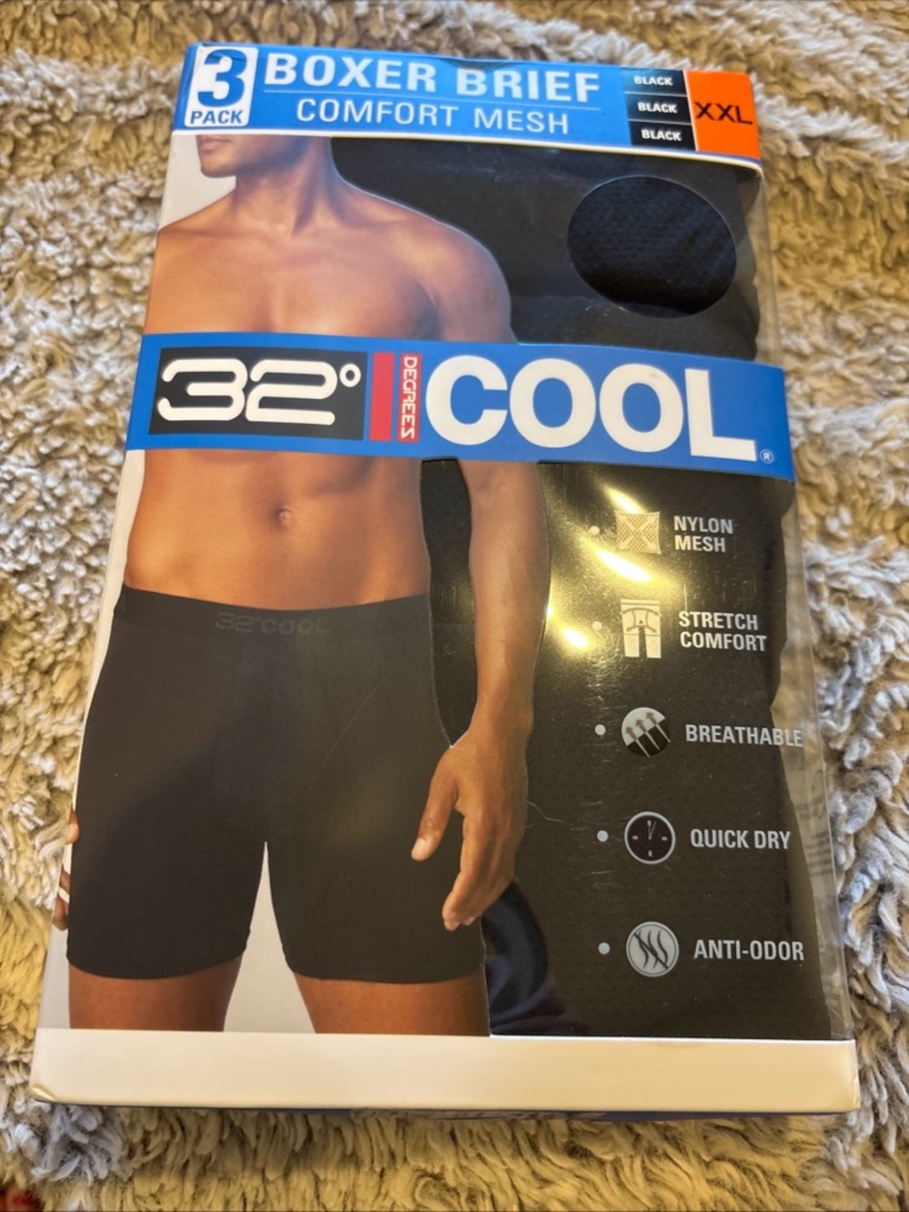 NEW 32 Degrees  Men's XXL 3-Pack Boxer Briefs Black Stretch Comfort Nylon
